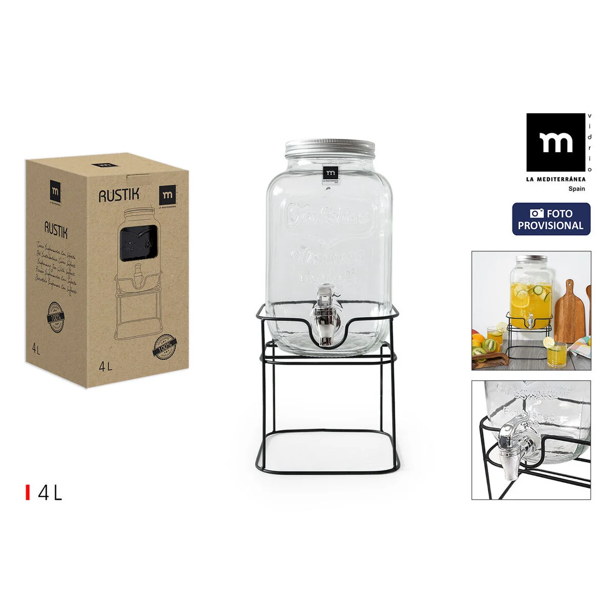 Dispensador de bebidas La Mediterránea Rustik Metal Vidrio 4 L 17 x 17 x 30,5 cm (4 Unidades)