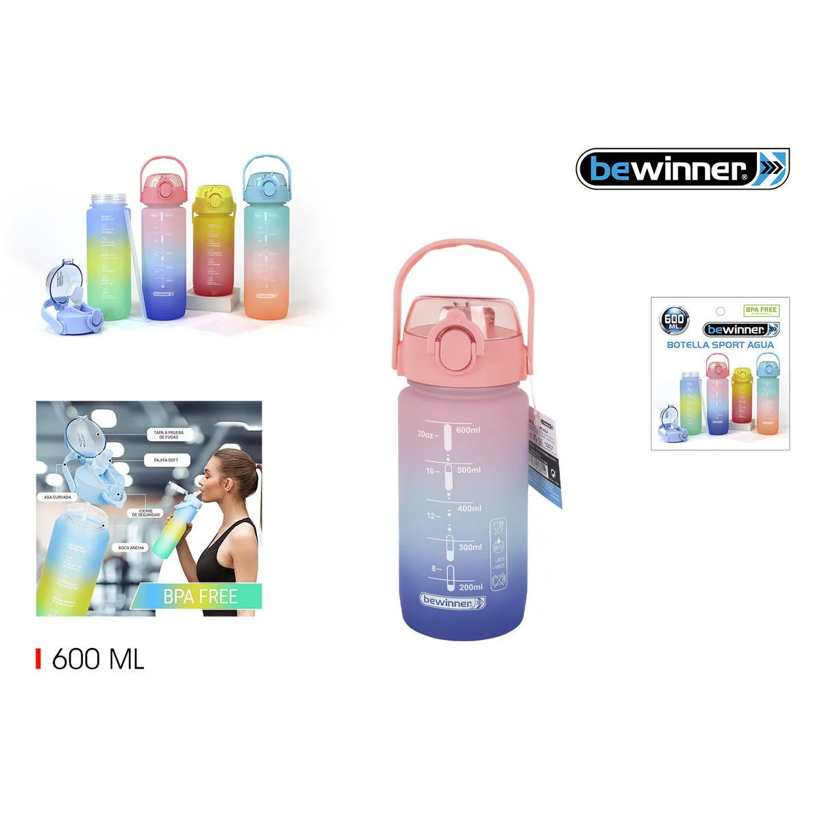 Botella de Agua Bewinner Multicolor 600 ml 7,5 X 20 CM (12 Unidades)