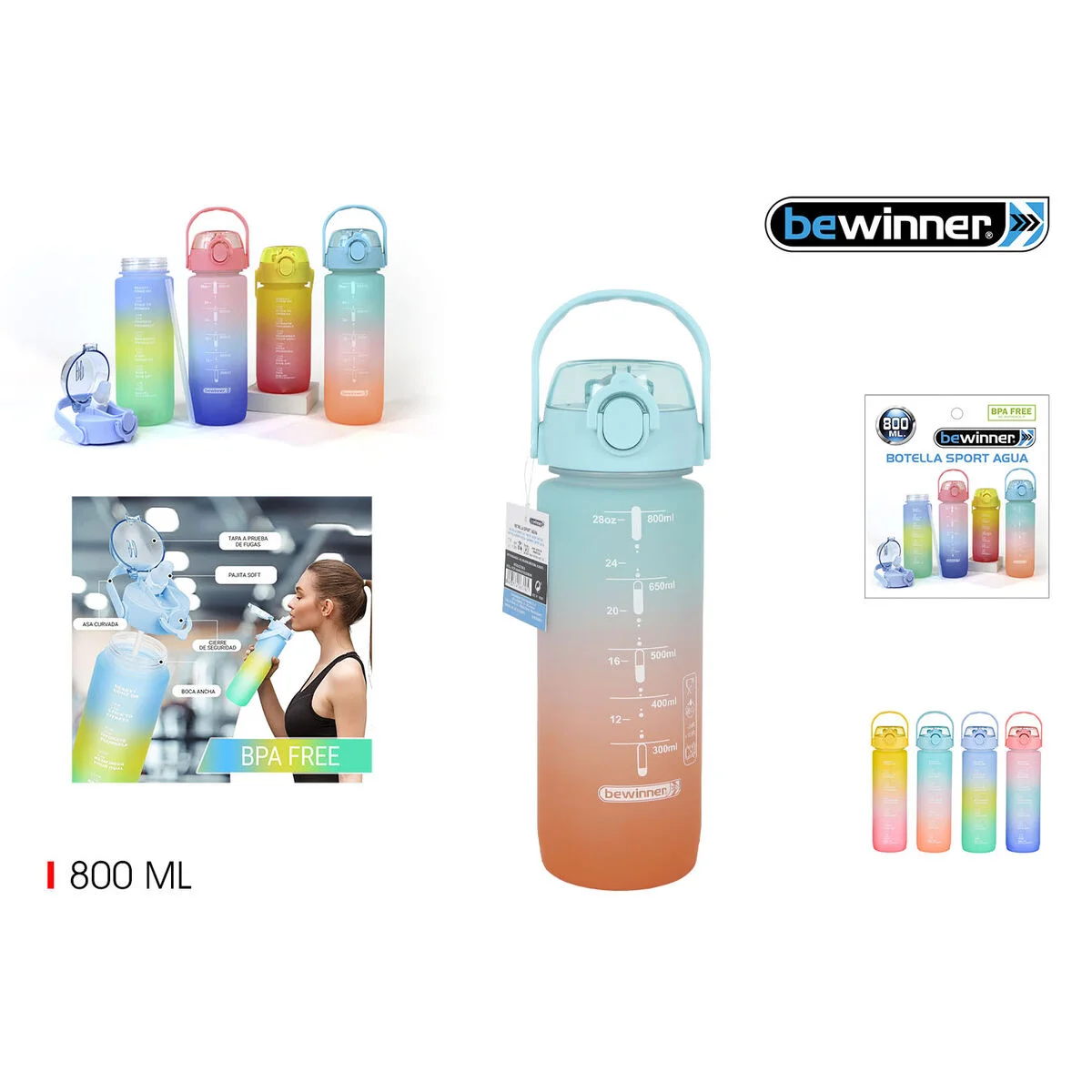 Botella de Agua Bewinner Multicolor 800 ml 7,3 x 7,3 x 23,5 (12 Unidades)