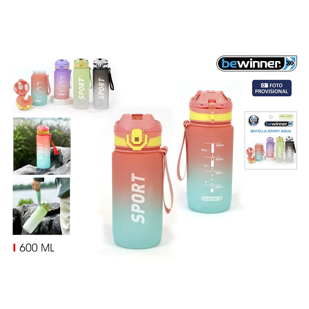 Botella de Agua Bewinner Multicolor 600 ml 7,4 x 7,4 x 19 cm (12 Unidades)