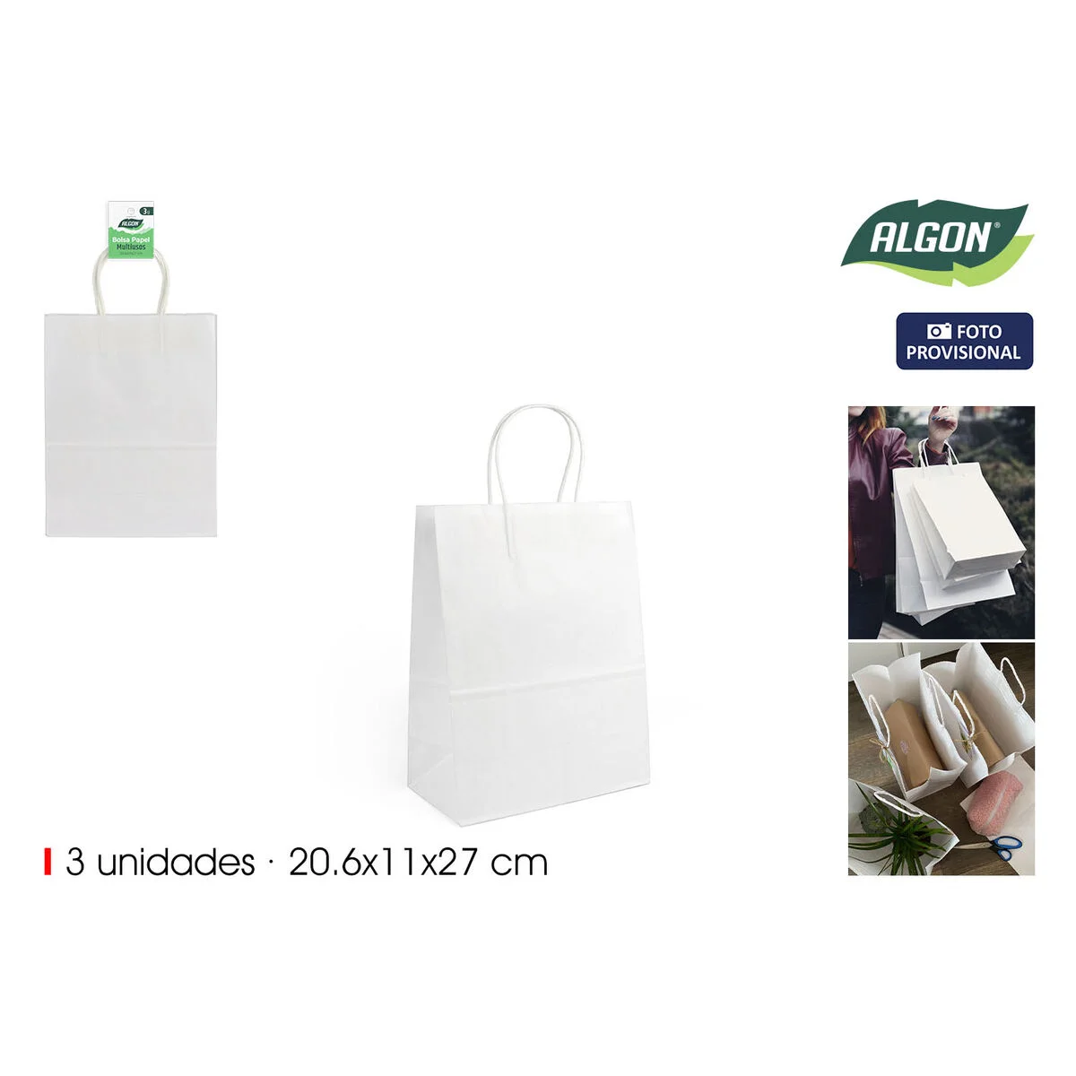 Bolsa de Papel Algon Blanco 20,6 x 11 x 27 cm 3 Piezas (24 Unidades)