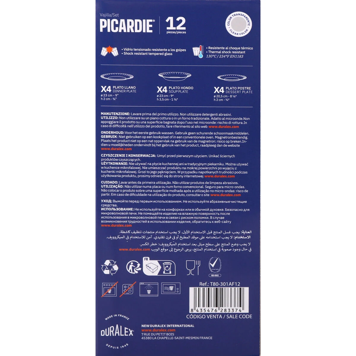 Vajilla Duralex Picardie Transparente 12 Piezas (2 Unidades)