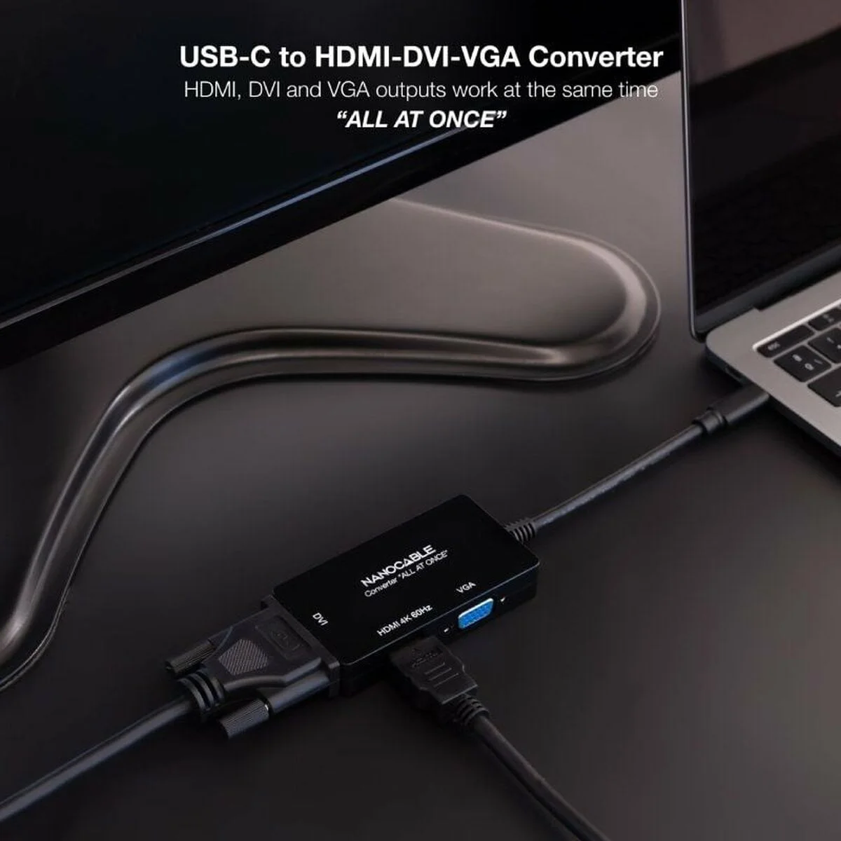 Adaptador USB-C a VGA/HDMI/DVI NANOCABLE 10.16.4301-ALL 20 cm Negro
