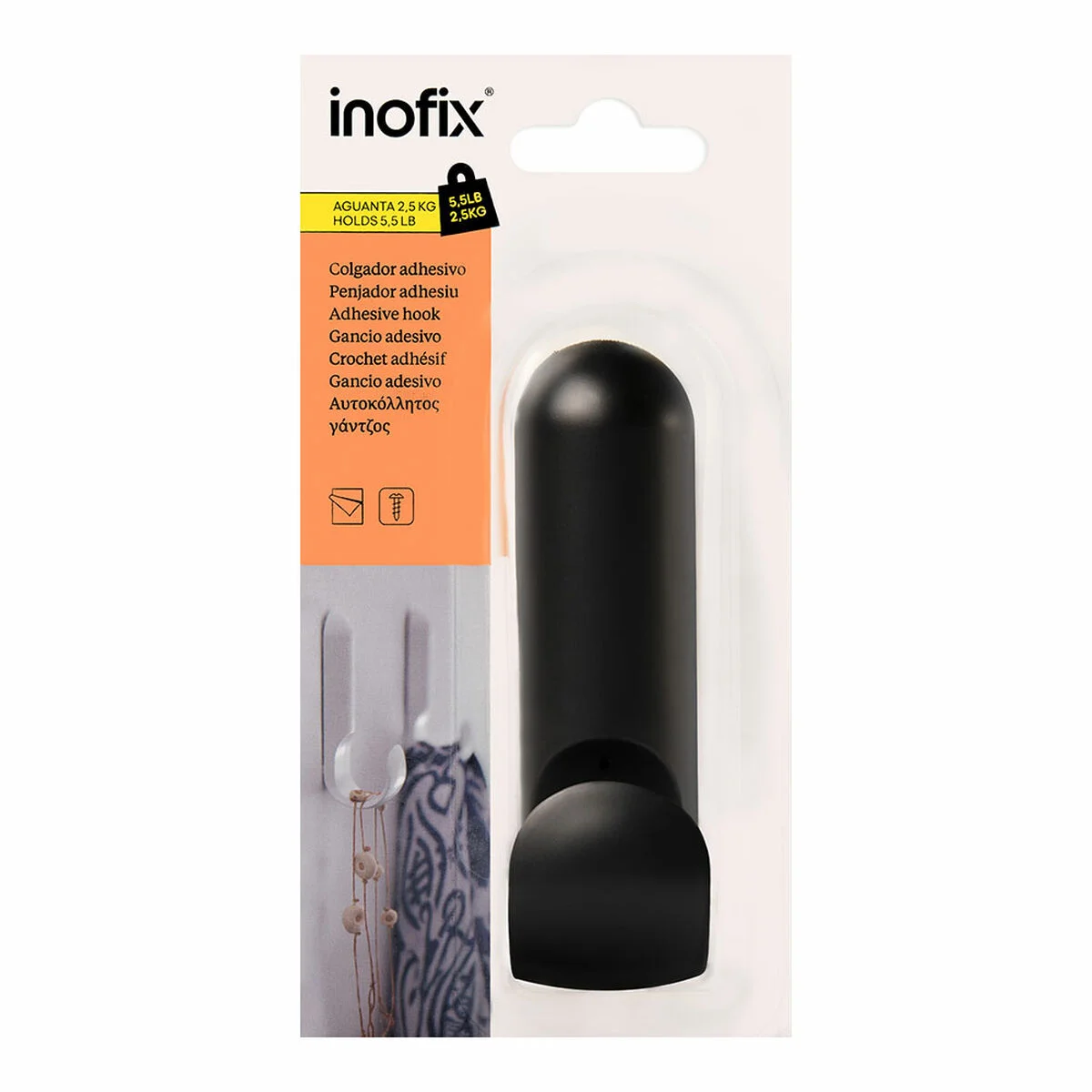 Colgador Inofix atlas Negro 2,5 kg Adhesivo