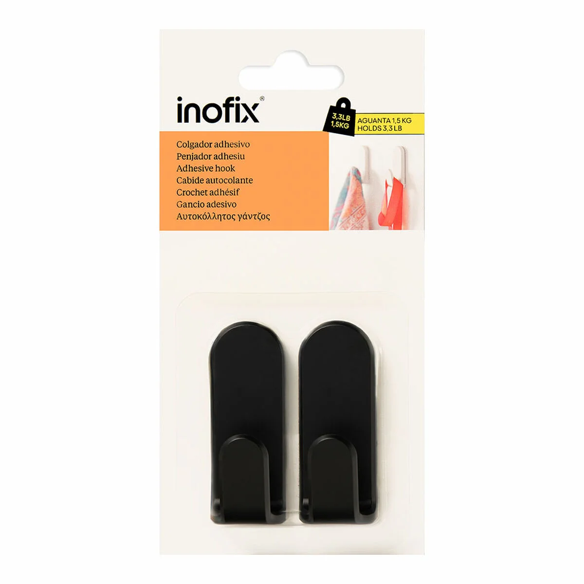 Colgador Inofix taga Negro 1,5 Kg Adhesivo (2 Unidades)
