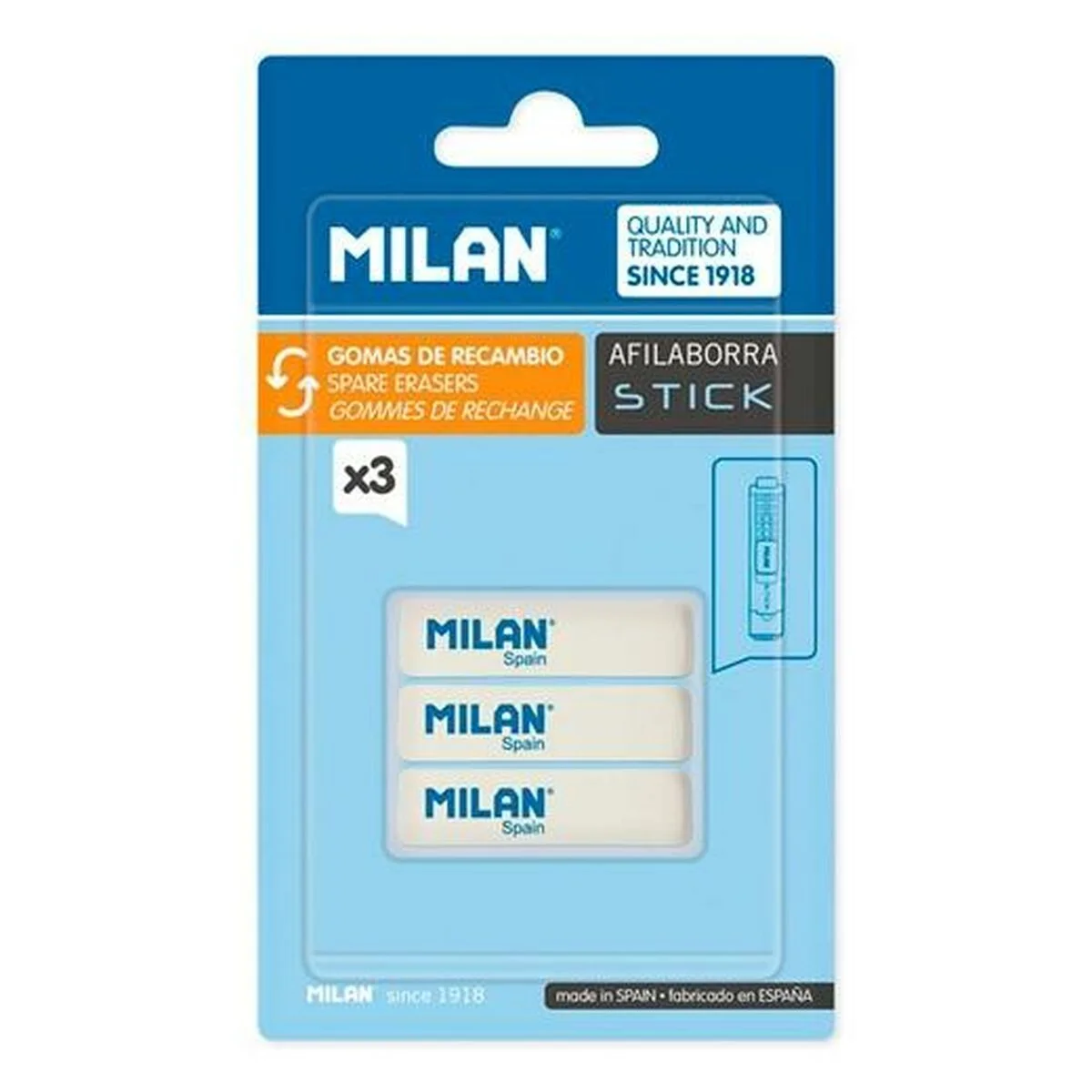 Set de Gomas de Borrar Milan AFILABORRA STICK Blanco 3 Piezas (12 Unidades)
