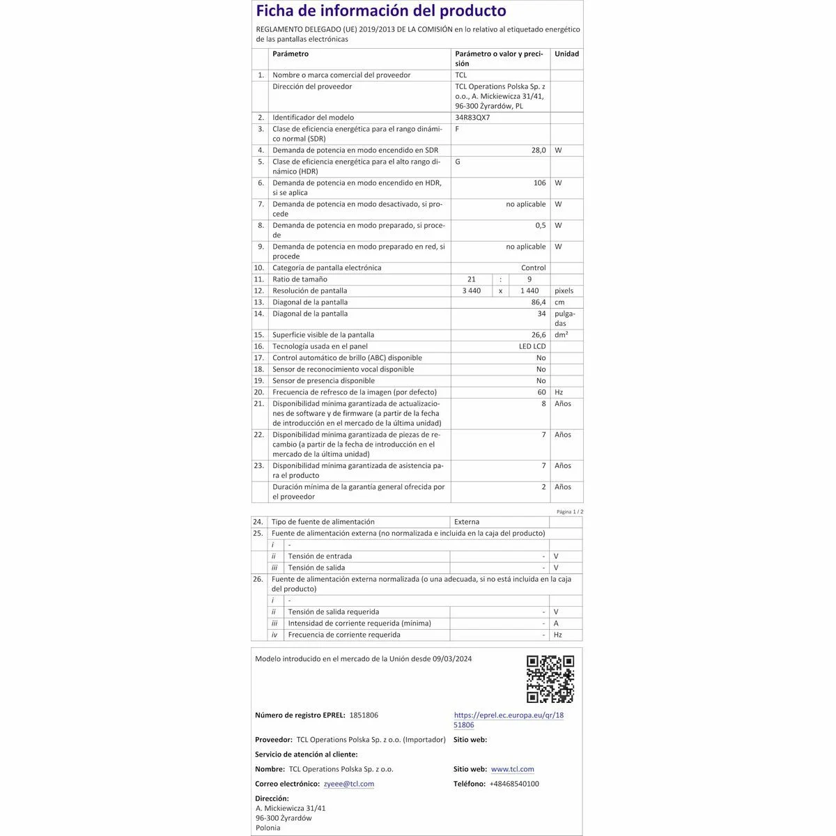 Monitor TCL 34R83Q LCD 37"