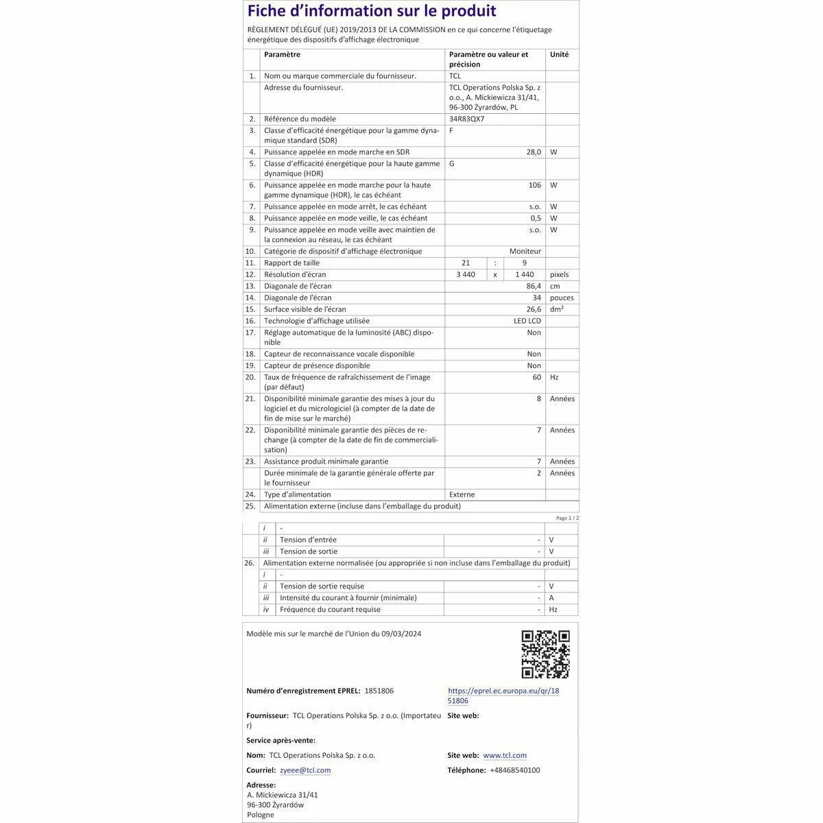 Monitor TCL 34R83Q LCD 37"