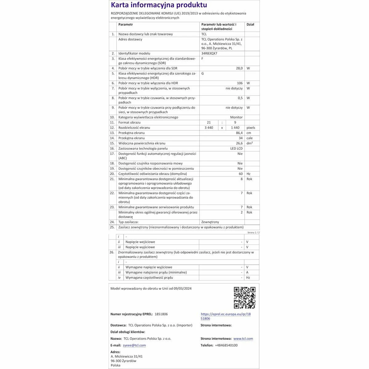 Monitor TCL 34R83Q LCD 37"