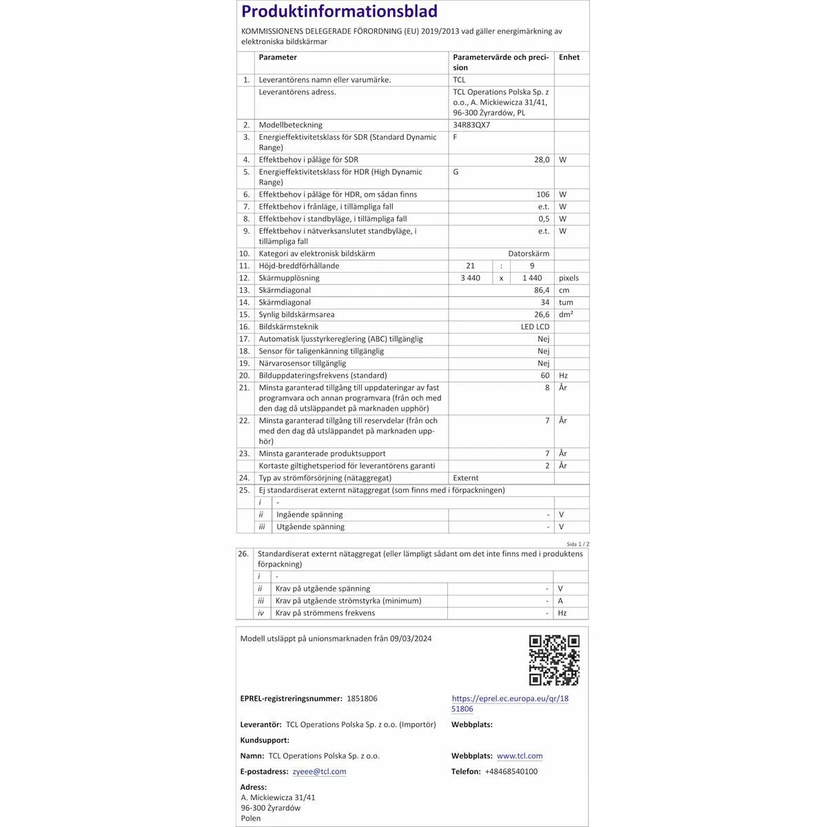 Monitor TCL 34R83Q LCD 37"