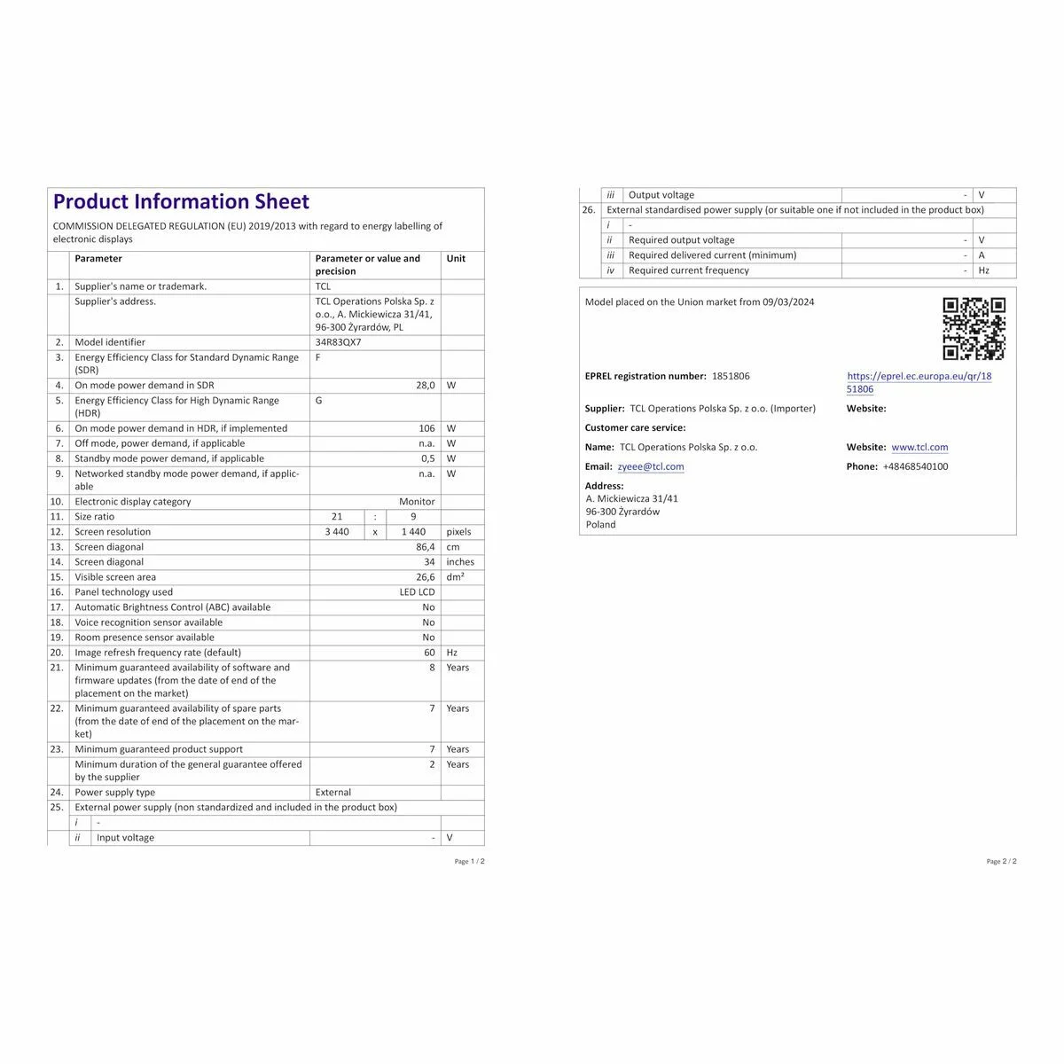 Monitor TCL 34R83Q LCD 37"