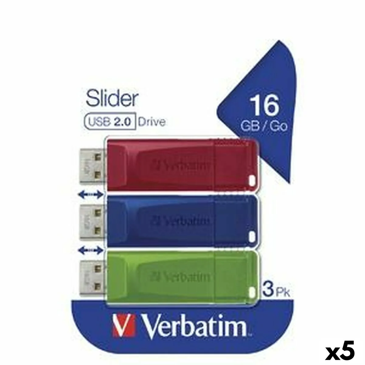 Memoria USB Verbatim SLIDER Multicolor 16 GB 3 Piezas (5 Unidades)