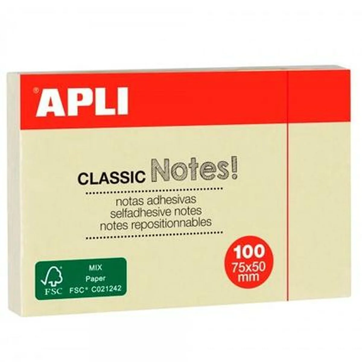 Notas Adhesivas Apli CLASSIC Amarillo 75 x 50 mm 12 Piezas (24 Unidades)