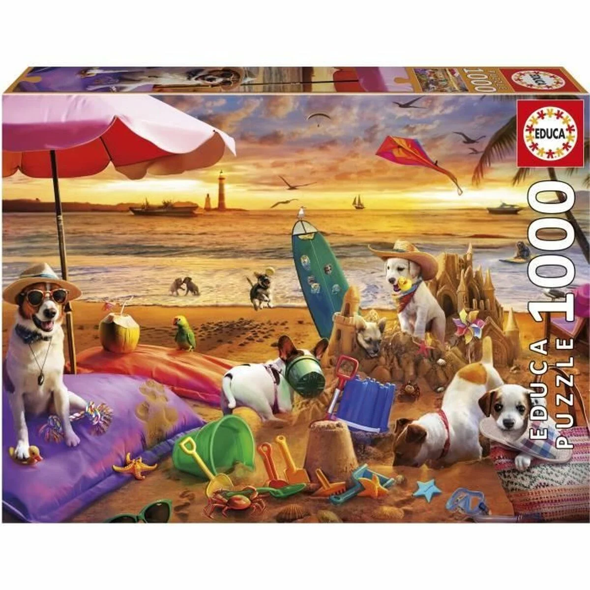 Puzzle Educa Perros jugando en la playa 1000 Piezas
