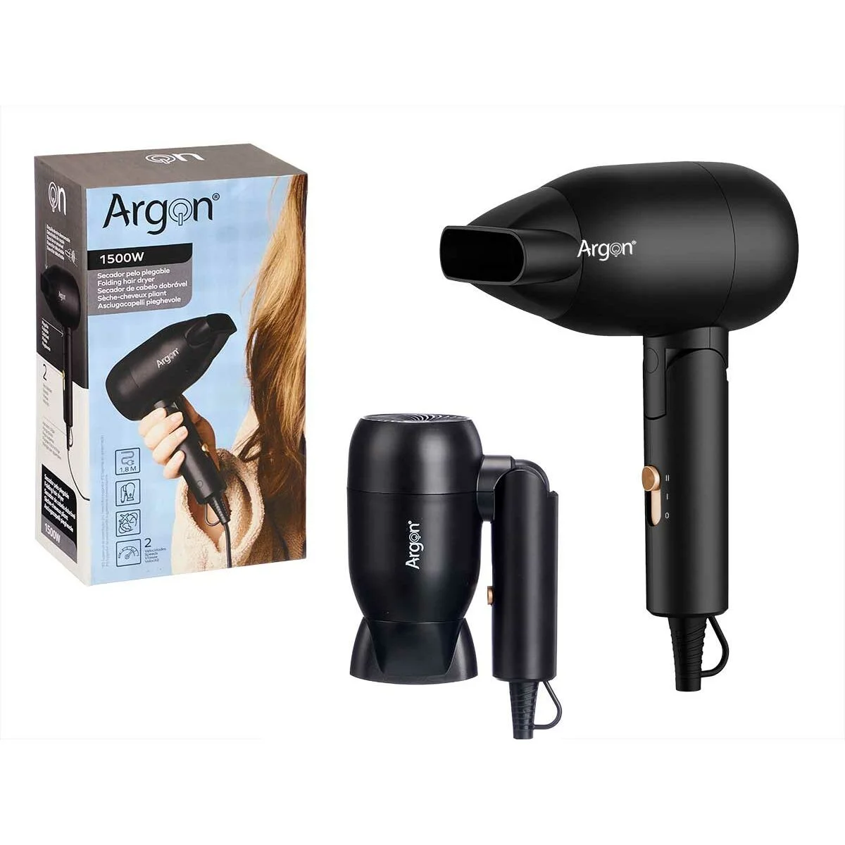 Secador de Pelo Plegable Argon Negro Dorado 1500 W