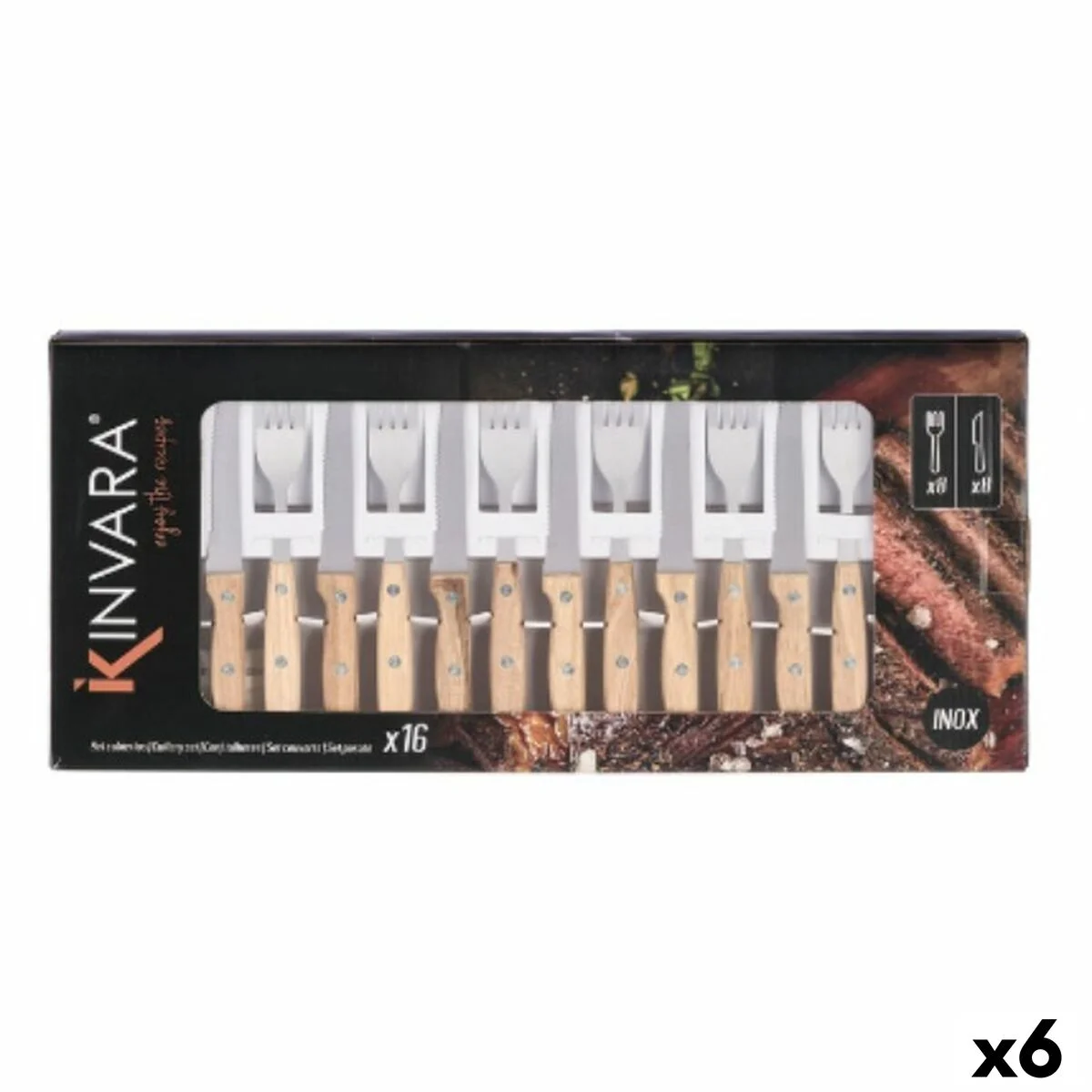 Cubertería Kinvara Marrón Plateado Madera Metal 16 Piezas (6 Unidades)