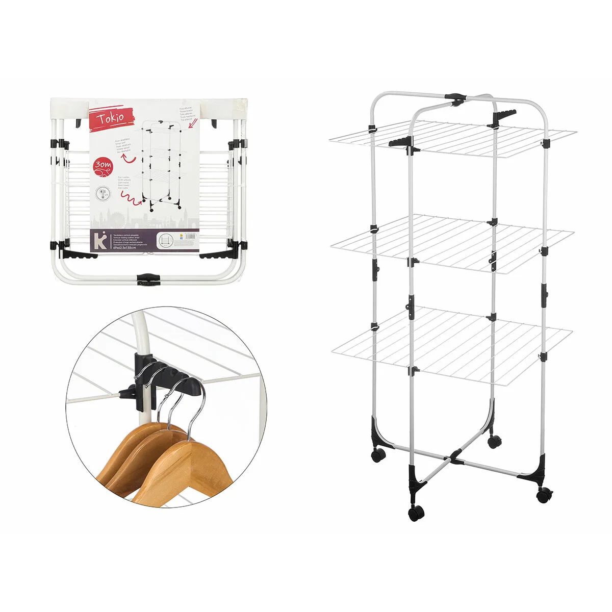 Tendedero Plegable Vertical con Ruedas Blanco Negro Metal 69 x 135 x 62,5 cm (4 Unidades)