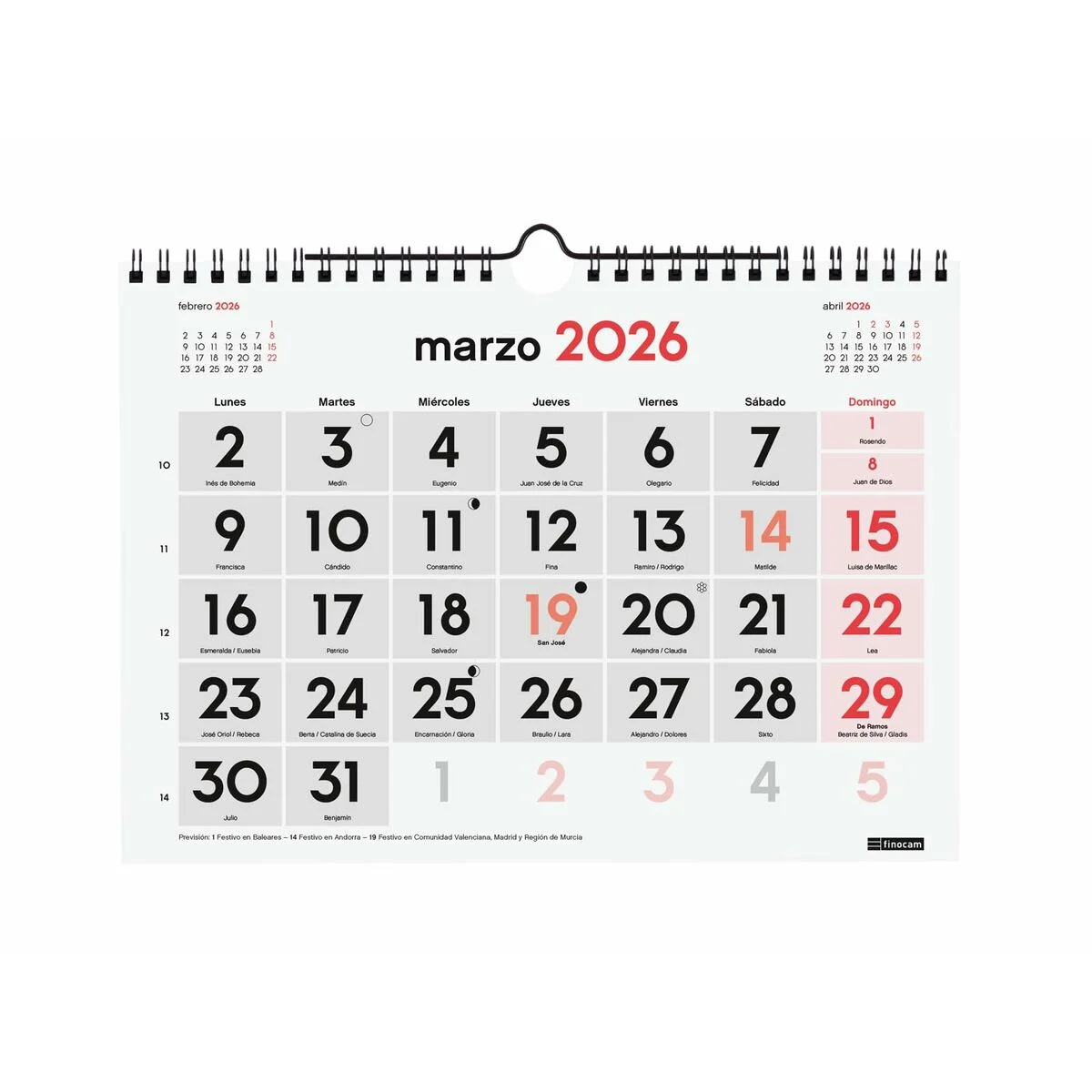Calendario de pared Finocam A5 Papel 2026 21 x 15 cm