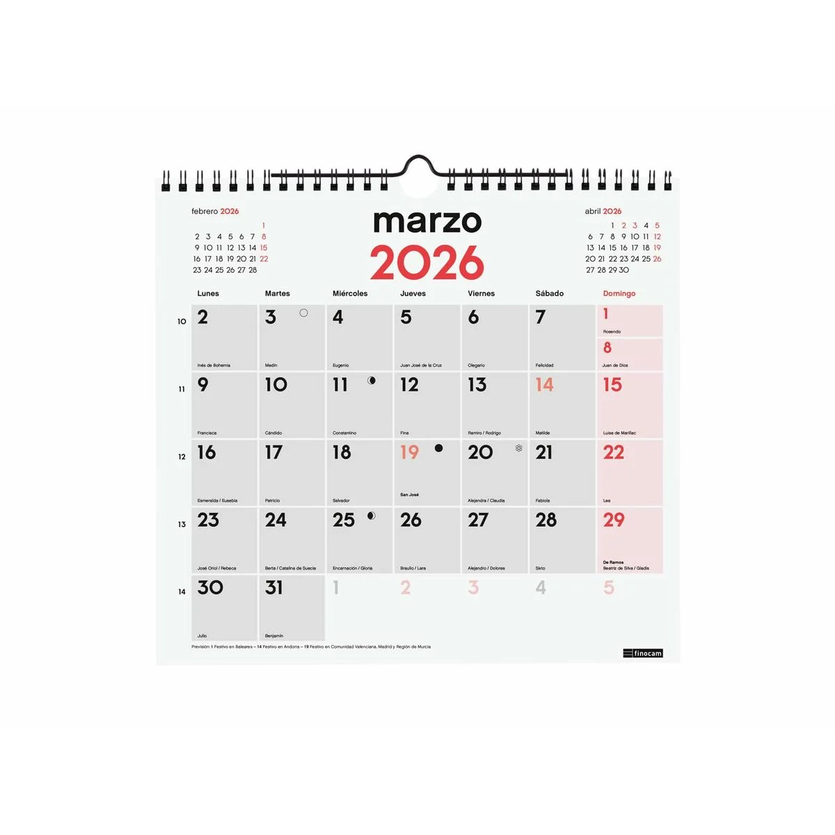 Calendario de pared Finocam Papel 2026 26,5 x 24,5 cm