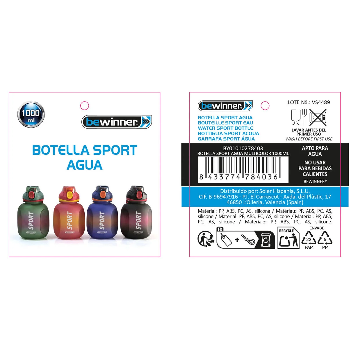 Botella de Agua Bewinner 1 L 10 x 17 cm (12 Unidades)