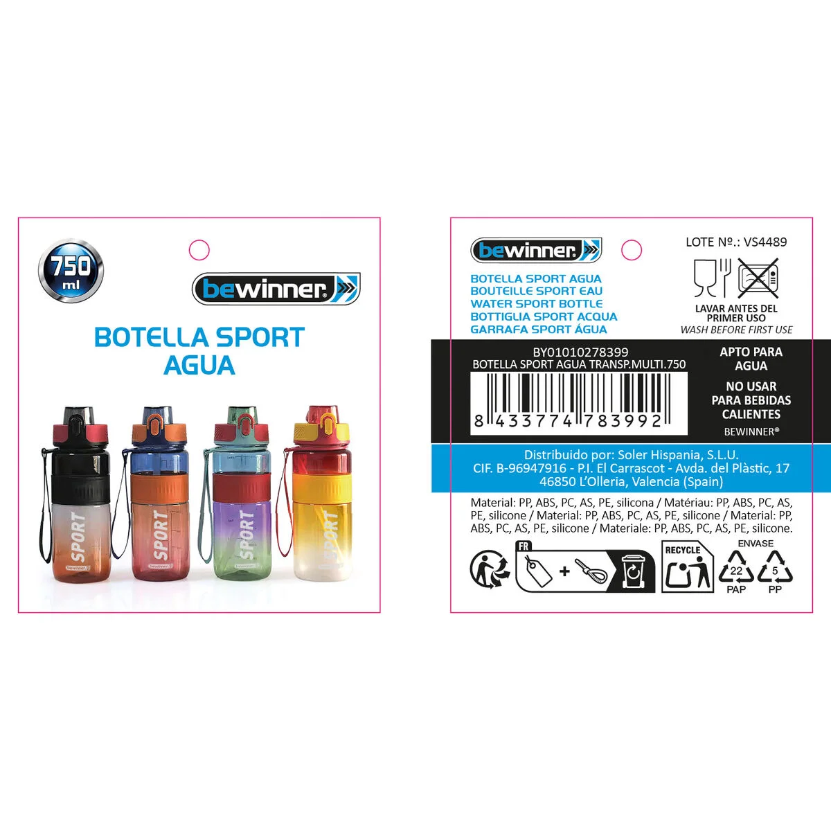 Botella de Agua Bewinner 0,75 L 7,6 x 27,5 cm (12 Unidades)