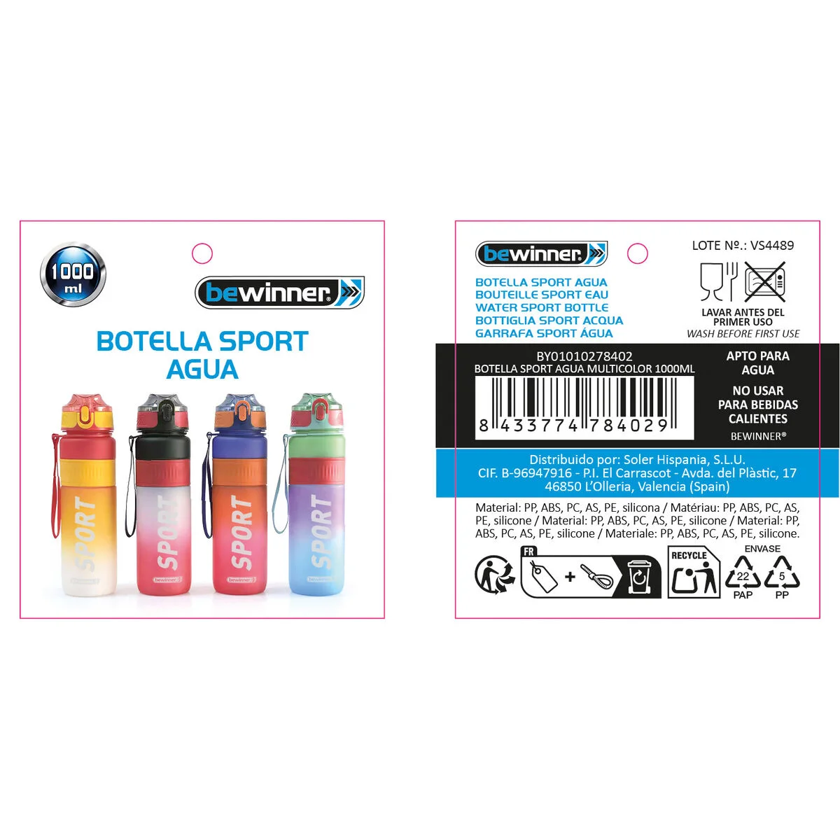 Botella de Agua Bewinner Multicolor 1 L 7,8 x 28 cm (12 Unidades)