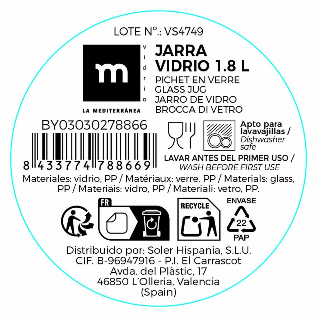 Jarra La Mediterránea Vidrio 1,8 L (12 Unidades)