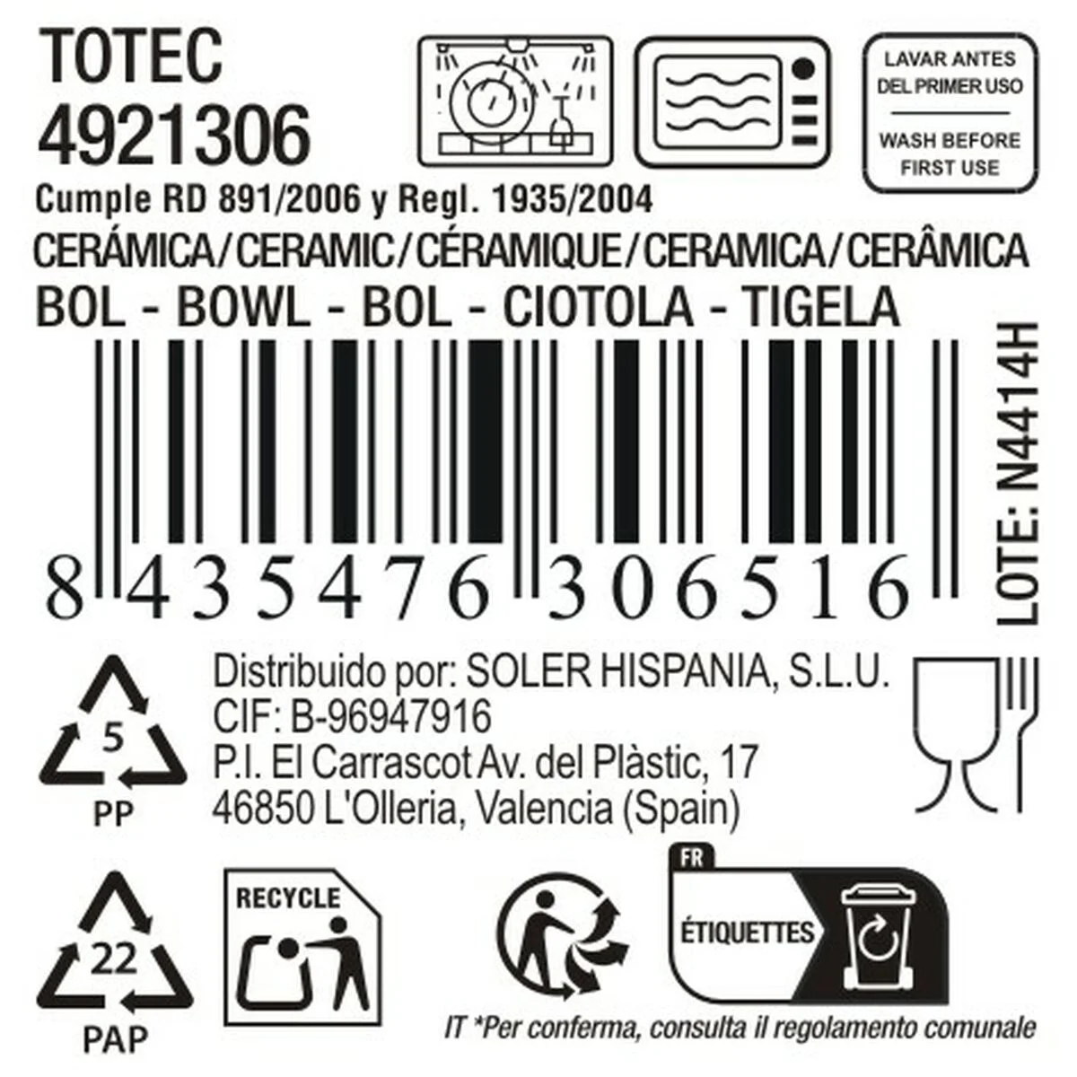 Cuenco La Mediterránea Totec 640 ml 14,5 X 7,5 CM (18 Unidades)