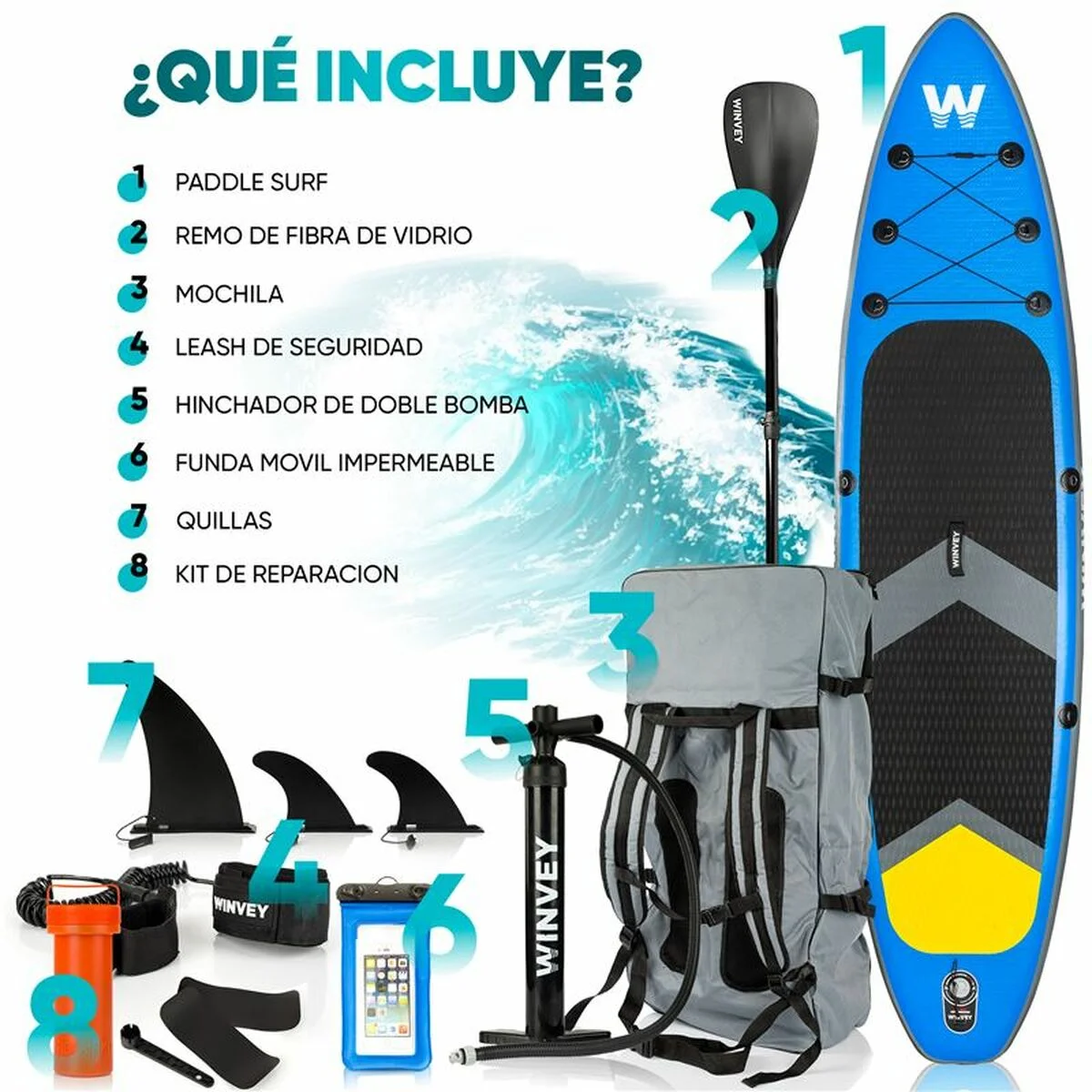 Tabla de Paddle Surf Hinchable con Accesorios Winvey SUP-B Azul